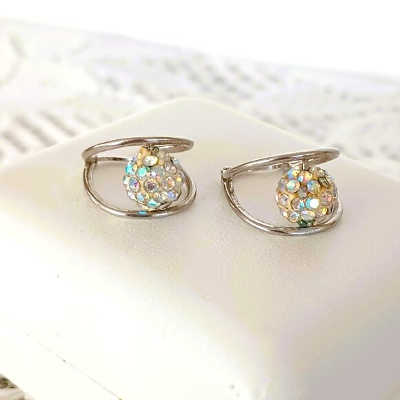 925 Floating Crystal Double Hoop Earrings Sterling Silver Drop Post Earrings - Picture 12 of 14